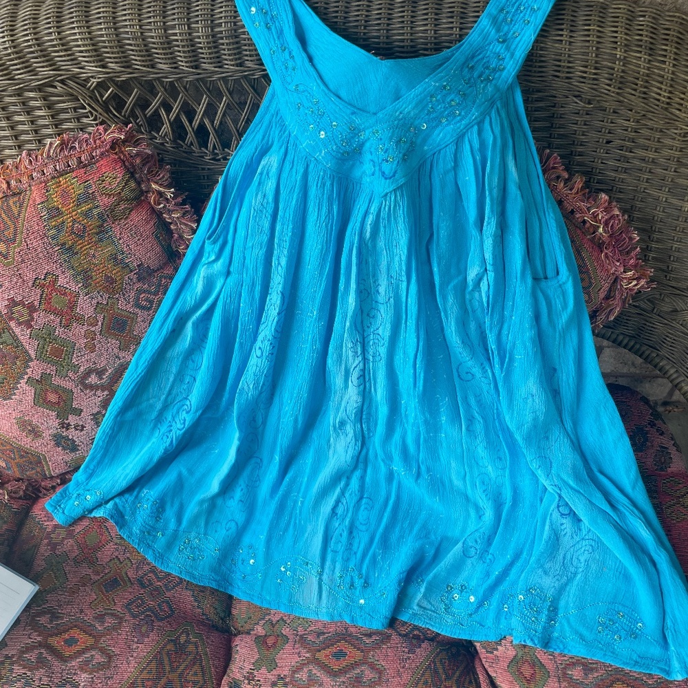 Aqua Sleeveless Top with Embroidery